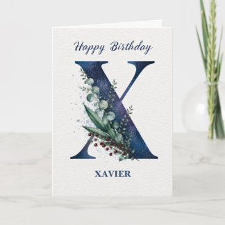 Letter X Birthday for Him Personalized Name Blue Card