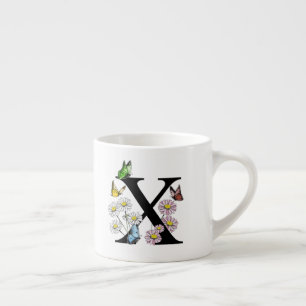 Letter X Floral Butterfly Monogram Initial Espresso Cup