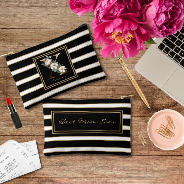 Letter X Floral Monogram Black White Gold Stripes Accessory Pouch (Creator Uploaded)
