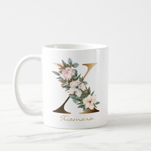 Letter X Gold Monogram White Blush Orange Floral Coffee Mug