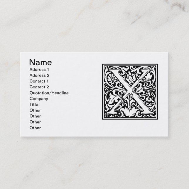 Letter X Medieval Monogram Art Nouveau Business Card (Front)