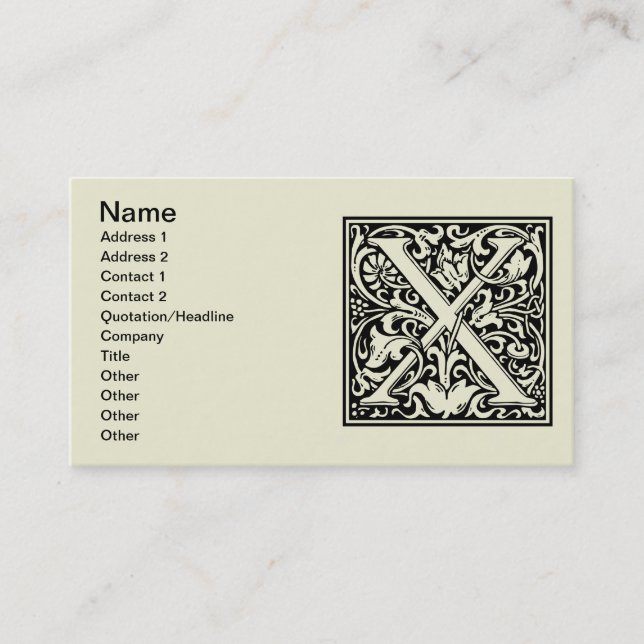 Letter X Medieval Monogram Art Nouveau Business Card (Front)