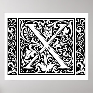 Letter X Medieval Monogram Art Nouveau Poster