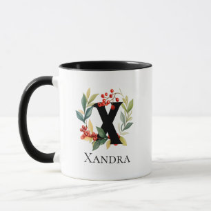 Letter X Monogram Initial Christmas Berry Wreath Mug