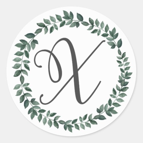 Letter X Monogram Minimalist Botanical Leaf Wreath Classic Round Sticker