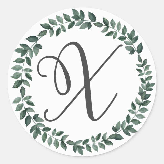 Letter X Monogram Minimalist Botanical Leaf Wreath Classic Round Sticker (Front)