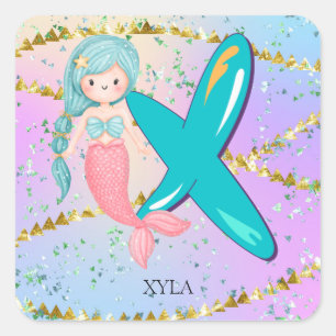 Letter X Monogram Watercolor Cute Mermaid Nursery Square Sticker
