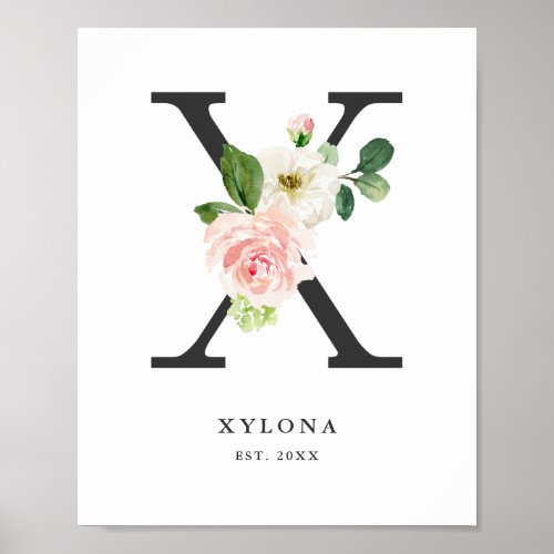 Letter X Monogram Watercolor Peach Florals Nursery Poster