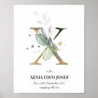 Letter X New Baby Monogram Birth Print Greenery