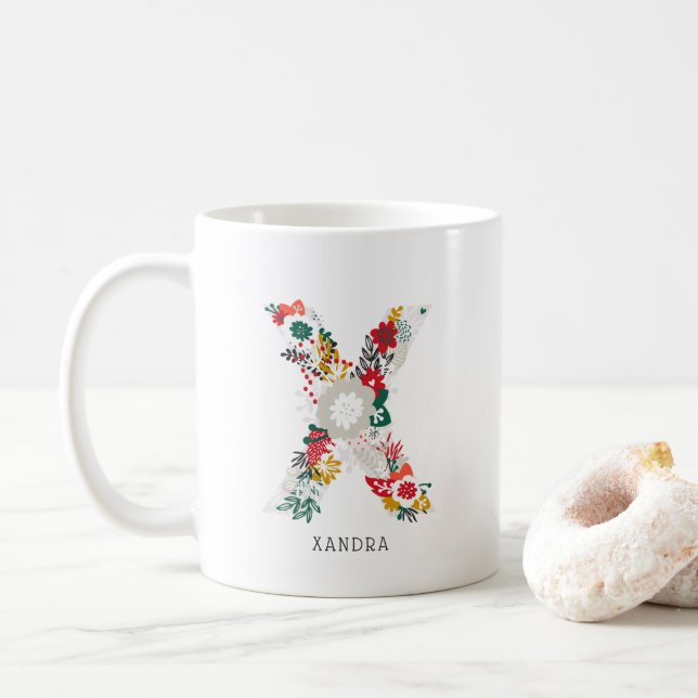 Letter X | Whimsical Floral Letter Monogram I Mug (With Donut)