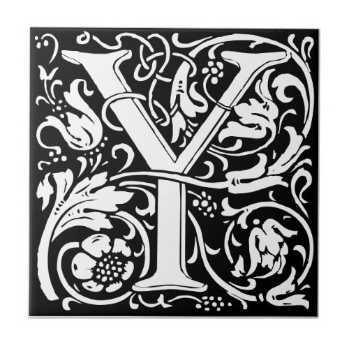 Letter Y art nouveau black and white Tile