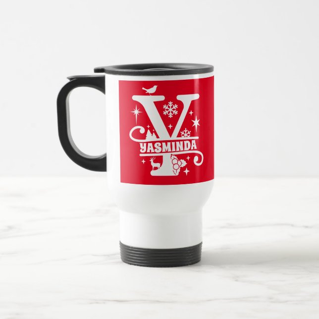 Letter Y Christmas Monogram Initial Name Red  Travel Mug (Left)