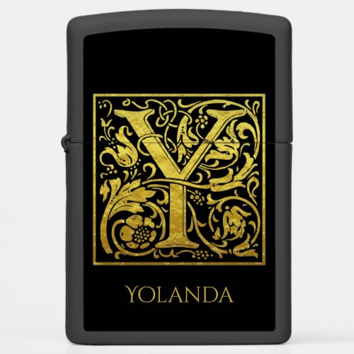 Letter Y First Letter and Name in Gold on Black Zippo Lighter