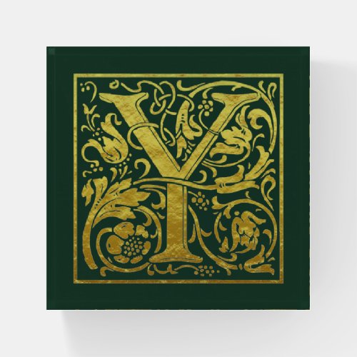 Letter Y First Letter Faux Gold on Celtic Green Paperweight
