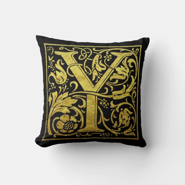 Letter Y First Letter Gold Black Throw Pillow (Front)