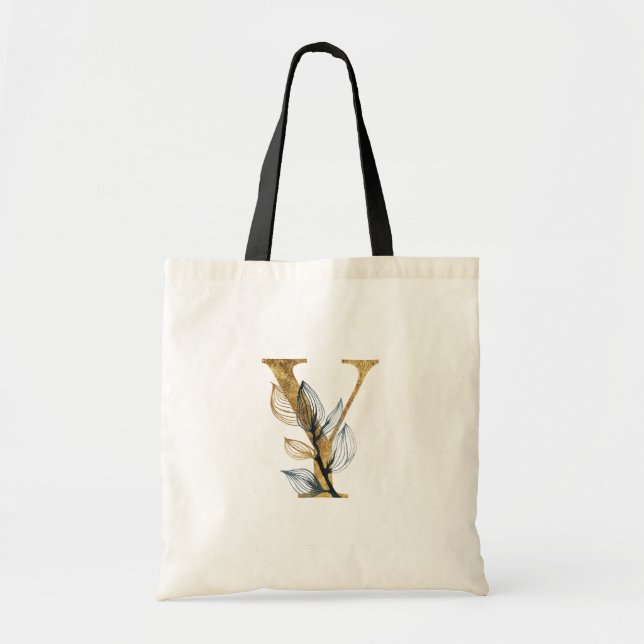 *~* Letter Y Gold Monogram Initial Black Leaves Tote Bag (Front)