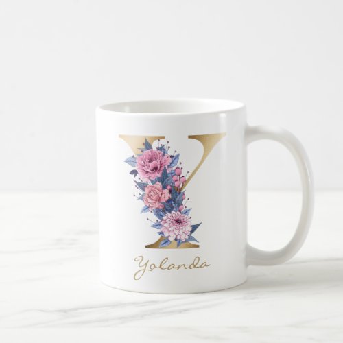 Letter Y Gold Monogram Pink Blue Floral Coffee Mug