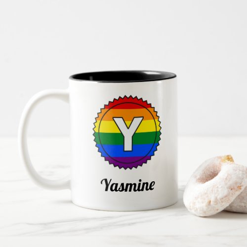 Letter Y Initial  Name Gay Pride Rainbow Monogram Two_Tone Coffee Mug