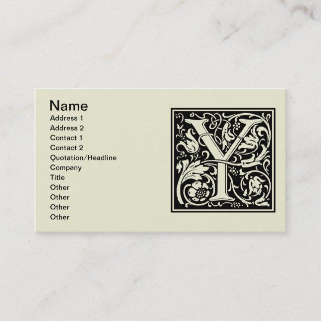 Letter Y Medieval Monogram Art Nouveau Business Card (Front)