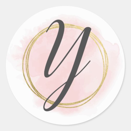 Letter Y Monogram Blush Pink Watercolor Gold Chic Classic Round Sticker