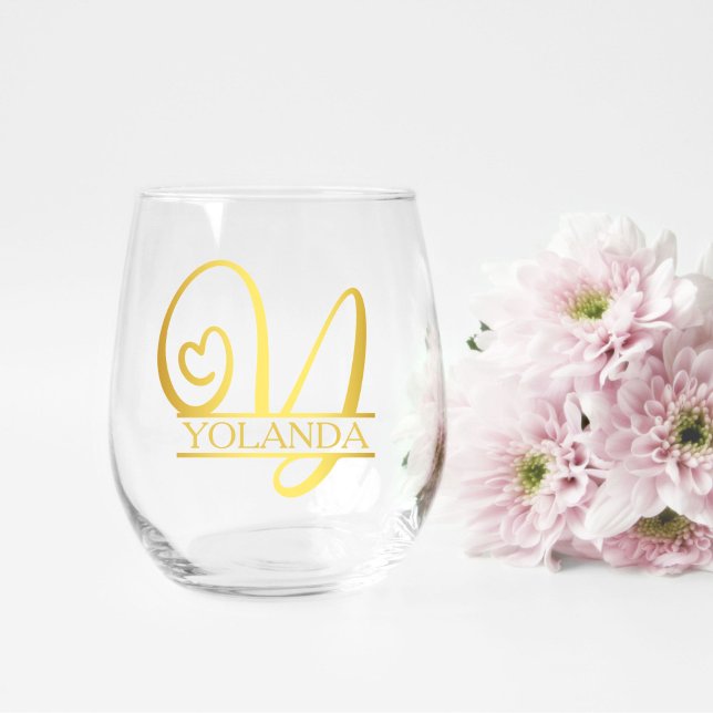 Letter Y Monogram Bridesmaid Gift, Modern Elegant Stemless Wine Glass (stemless wine glass for a bridesmaid gift that has a gold split Y monogram and customized with name)
