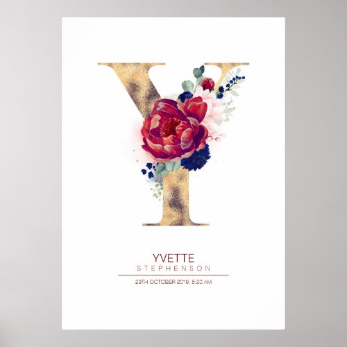 Letter Y Monogram Floral Navy Blue and Burgundy Poster