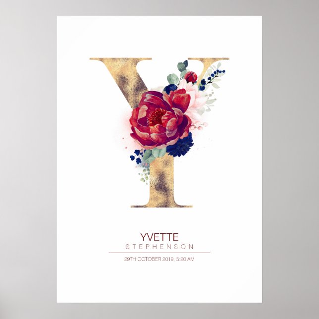 Letter Y Monogram Floral Navy Blue and Burgundy Poster (Front)