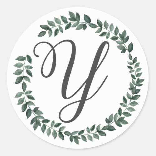 Letter Y Monogram Minimalist Botanical Leaf Wreath Classic Round Sticker