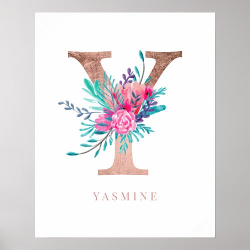 Letter Y monogram pink floral rose gold nursery Poster