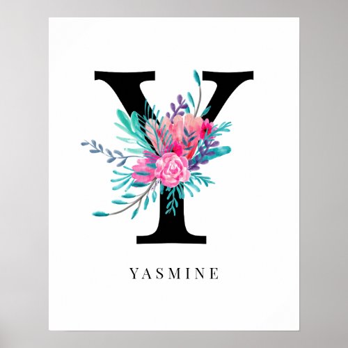 Letter Y monogram pink floral watercolor nursery Poster