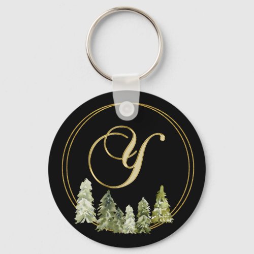 Letter Y on Green Trees Gold Geometric Keychain