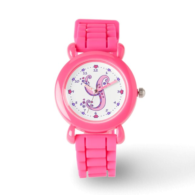 Letter Y pink monogram personalized girls watch (Front)