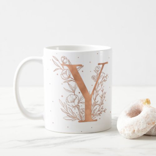 Letter Y Rose Gold Monogram Botanical Illustration Coffee Mug