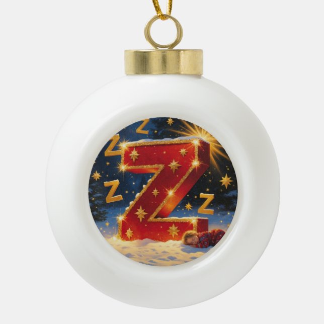 Letter Z Christmas Sleeping Personalized Initial Ceramic Ball Christmas Ornament (Front)