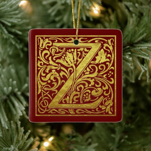 Letter Z First Letter Faux Gold Red Ceramic Ornament