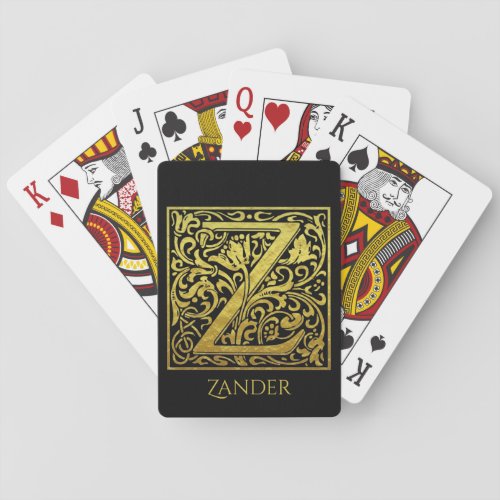 Letter Z First Letter Gold on Black Poker Cards