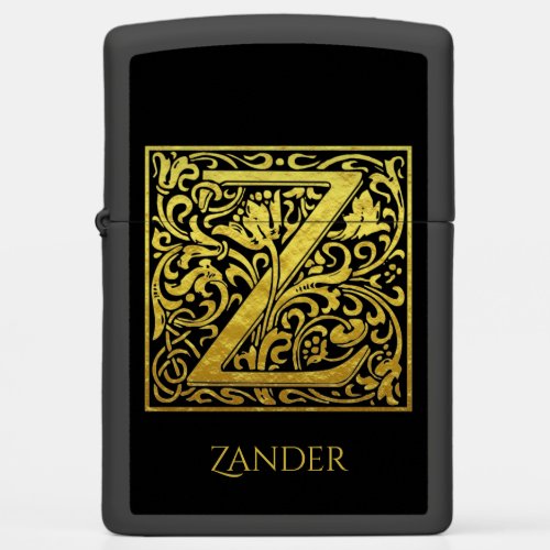Letter Z First Letter Gold on Black Zippo Lighter