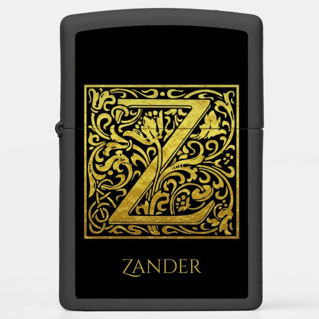 Letter Z First Letter Gold on Black Zippo Lighter (Front)