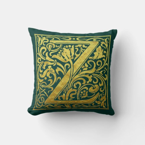 Letter Z First Letter Green and Gold Throw Pillow