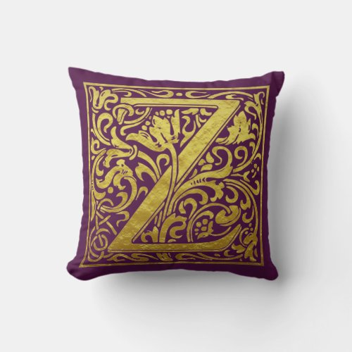 Letter Z First Letter Purple and Gold Throw Pillow