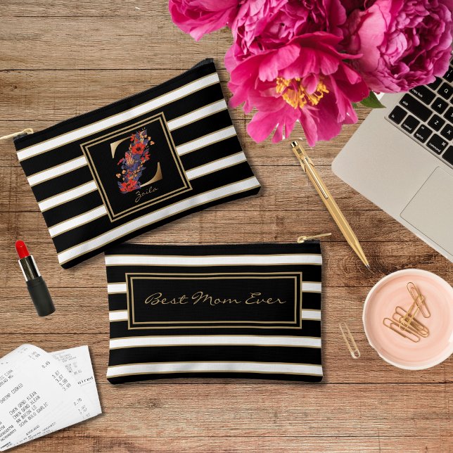 Letter Z Floral Monogram Black White Gold Stripes Accessory Pouch (Creator Uploaded)
