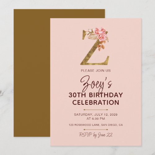 Letter Z Gold Monogram Blush Pink Roses Invitation