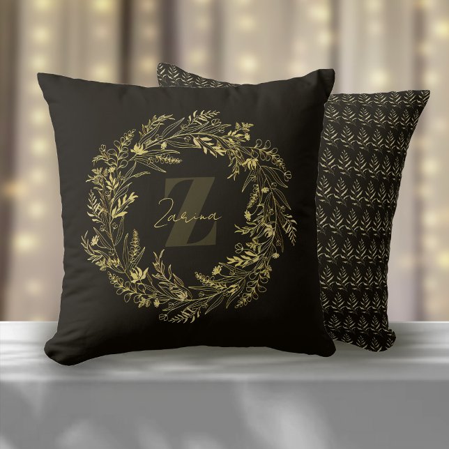 Letter Z Leaf Gold Monogram Throw Pillow (Creator Uploaded)