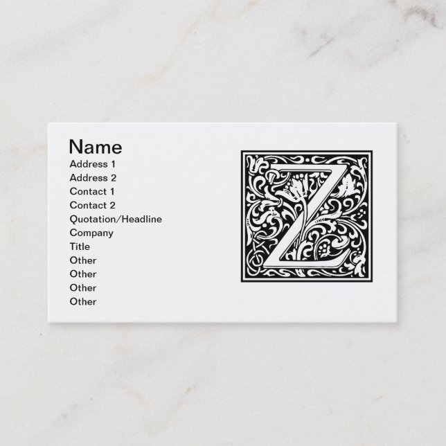 Letter Z Medieval Monogram Art Nouveau Business Card (Front)