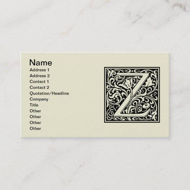 Letter Z Medieval Monogram Art Nouveau Business Card (Front)