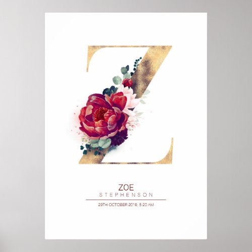 Letter Z Monogram Floral Burgundy Red and Gold Poster