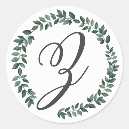 Letter Z Monogram Minimalist Botanical Leaf Wreath Classic Round Sticker