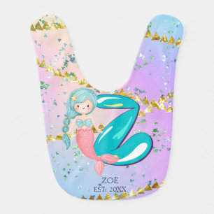 Letter Z Monogram Watercolor Cute Mermaid Nursery Baby Bib