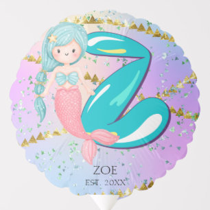 Letter Z Monogram Watercolor Cute Mermaid Nursery Balloon