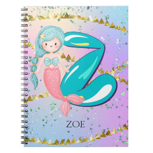 Letter Z Monogram Watercolor Cute Mermaid Nursery Notebook